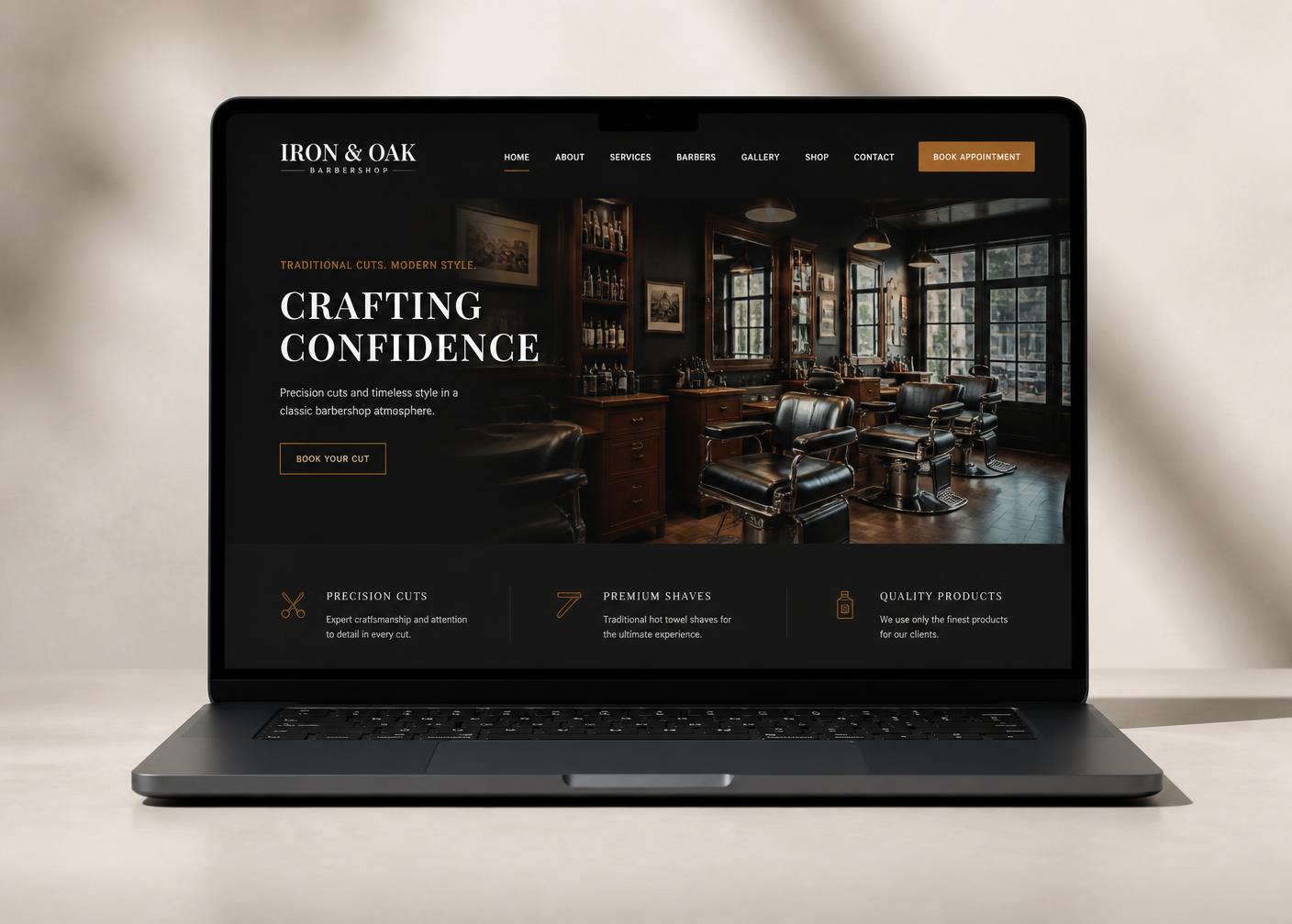 Concept website design for a barbershop shown on a laptop, with a dark hero photo of the shop and a booking button